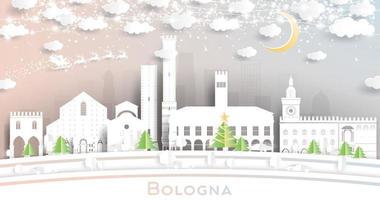 bologna italien stadtskyline im papierschnittstil mit schneeflocken, mond und neongirlande. vektor