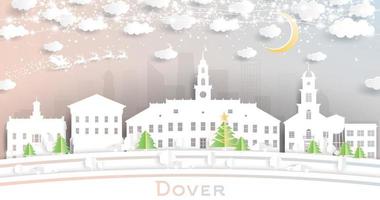 dover delaware usa stadtskyline im papierschnittstil mit schneeflocken, mond und neongirlande. vektor