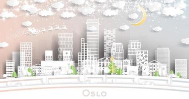 oslo norway city skyline im papierschnittstil mit schneeflocken, mond und neongirlande. vektor