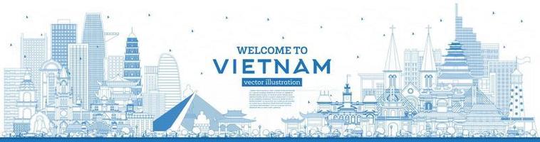 skizzieren sie willkommen in der vietnam-skyline mit blauen gebäuden. vektor