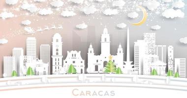 caracas venezuela city skyline im papierschnittstil mit schneeflocken, mond und neongirlande. vektor