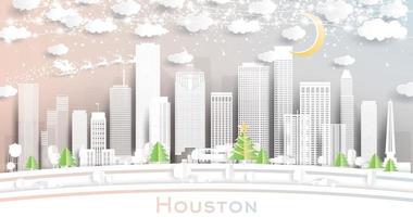 houston texas USA stad horisont i papper skära stil med snöflingor, måne och neon krans. vektor