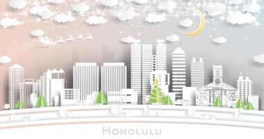 honolulu hawaii stad horisont i papper skära stil med snöflingor, måne och neon krans. vektor