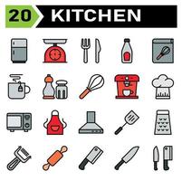 Das Icon-Set für Küchengeräte umfasst Kühlschrank, Fransen, Küche, Ausrüstung, Waage, Waage, Gewicht, Gabel, Messer, Besteck, Flasche, Soße, Tomate, Ketchup, Rezept, Buch, Koch, Kochbuch, Kochen, Kaffee vektor