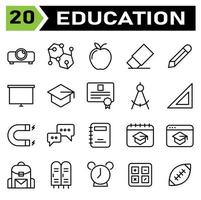 Das Bildungssymbolset umfasst Projektor, Projektion, Präsentation, Bildung, Formel, Studium, Wissenschaft, Schule, Apfel, Obst, Obst, Löschen, Radiergummi, Entfernen, Bleistift, Schreiben, Bearbeiten, Zeichnen, Bildschirm, Tafel vektor