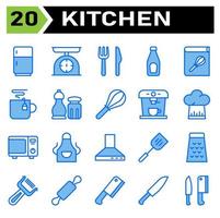 kök Utrustning ikon uppsättning inkludera kylskåp, frans, kök, Utrustning, vågar, skala, vikt, gaffel, kniv, bestick, flaska, sås, tomat, ketchup, recept, bok, laga mat, kokbok, matlagning, kaffe vektor