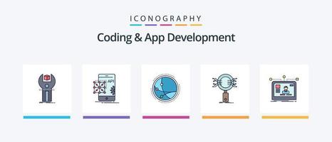 Codierungs- und App-Entwicklungslinie gefüllt 5 Icon Pack inklusive Code. Forschung. App. Handy, Mobiltelefon. kreatives Symboldesign vektor