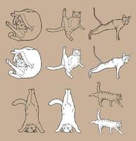 Cartoon Doodle Comic Umriss Vektor nahtlose Muster und Hintergrund von Zen meditierenden Katzen in Yoga-Pose und Asana, Namaste