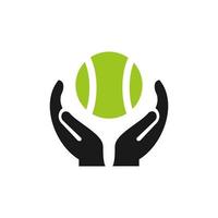 tennis hand logotyp design. tennis boll logotyp med hand begrepp vektor. hand och tennis boll logotyp design vektor
