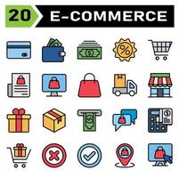 Das E-Commerce-Icon-Set umfasst E-Commerce, Geld, Brieftasche, Finanzen, Dollar, Rabatt, Preis, Verkauf, Prozent, Trolley, Kauf, Diagramm, Einkaufen, Rechnung, Computer, Einkaufswagen, Shop, Online, Tasche, LKW, Lieferung, Auto