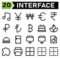 Das Symbolset für die Benutzeroberfläche umfasst Musik, Ton, Ton, Medien, Benutzeroberfläche, Geld, Yen, Finanzen, Währung, Won, Euro, Rupie, Rubel, Lira, Bitcoin, Kuchen, Party, Geburtstag, Dessert, Spa, Lotus, Blume vektor