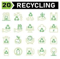 Das Ökologie- und Recycling-Icon-Set umfasst nuklear, radioaktiv, Strahlung, giftig, Strom, Wasserhahn, Wasser, Ökologie, Öko, Fahrzeug, Recycling, Auto, Transport, hatte, freundlich, Pflanze, Natur, Plastik, Tasche vektor
