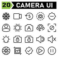 Foto kamera ikon uppsättning inkludera läge, Foto, skjuta, effekt, kamera, video, enhet, media, multimedia, timer, nedräkning, fem, skärm skott, ögonblicksbild, gränssnitt, minus, minska, ljusstyrka, bakgrund vektor