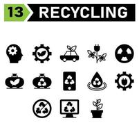 Das Ökologie- und Recycling-Icon-Set umfasst Kopf, Ausrüstung, Umwelt, Ökologie, Recycling, Blatt, nachhaltig, Auto, Abfall, Fahrzeug, Energie, Elektrik, Reaktor, Atomkraft, Kraft, Industrie, Panzer, Öko, Gerät, Gadget vektor