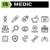 läkare ikon uppsättning inkludera biologi, ärftlighet, genetik, bioteknik, molekyler, graviditet remsa, medicinsk enhet, medicinsk testa, hälsa, medicinsk, märka, sjukhus, apotek, medicin, trolldryck, läkemedel vektor