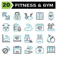 Gesundes und Fitness-Icon-Set umfasst Gewicht, Fitnessstudio, Ausrüstung, Training, Fahrrad, Waage, Smart, Uhr, Gerät, Herd, Ernährung, Körper, Taille, Avocado, Essen, Checkliste, Obst, Bodybuilder, Muskel, Kalender vektor