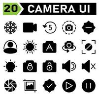 Das Fotokamera-Symbolset umfasst Modus, Foto, Aufnahme, Effekt, Kamera, Video, Gerät, Medien, Multimedia, Timer, Countdown, Fünf, Screenshot, Schnappschuss, Schnittstelle, Minus, Reduzieren, Helligkeit, Hintergrund vektor