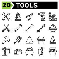 Das Werkzeugbau-Icon-Set umfasst Schraubenschlüssel, Werkzeuge, Schraubenschlüssel, Kontraktion, Ausrüstung, Hydranten, Wasser, Hydranten, Feuer, Zangen, Zimmermann, Handwerker, Techniker, Bohrer, Werkzeug, Pantone, Farbe, Farbe vektor