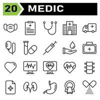 Das Sanitäter-Icon-Set umfasst Gesichtsmaske, Maske, Gesundheitswesen, Schutz, Krankenhaus, Register, Medizin, Diagnose, Stethoskop, Werkzeuge, Klinik, Gebäude, Krankenwagen, Service, Unterstützung, Infusion, Medizin, gesund vektor