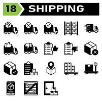 Versand- und Logistik-Icon-Set umfassen LKW, Lieferung, Versand, Karton, Bestellung, storniert, vollständig, Logistik, Lagerung, Lager, Inventar, Regal, Express, schnell, dringend, wie, Abneigung, Liste vektor
