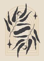 Kunstplakat in Pastellfarben mit Blättern und Bogen. schwarze Silhouetten von Pflanzen. vektor