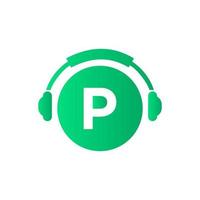 buchstabe p musik logo design. dj musik und podcast logo design kopfhörerkonzept vektor