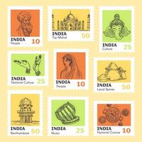 buntes Briefmarkenset mit indischem Element vektor