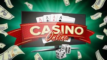 Online-Casino-Banner-Vektor. realistischer computermonitor. Gewinner Glückssymbol. Jackpot-Casino-Werbetafel, Beschilderung, Marketing-Luxus-Poster-Illustration. vektor