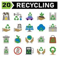 Das Ökologie- und Recycling-Icon-Set umfasst nuklear, radioaktiv, Strahlung, giftig, Strom, Wasserhahn, Wasser, Ökologie, Öko, Fahrzeug, Recycling, Auto, Transport, hatte, freundlich, Pflanze, Natur, Plastik, Tasche vektor