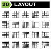 Das Layout-Icon-Set umfasst Layout, Raster, Dashboard, Schnittstelle, Benutzeroberfläche, Ausrichtung, Vorlage, Design, Flayer, Grafik, Cover, Poster, Vektor, Banner, Kreativ, Konzept, Broschüre, abstrakt, modern, Bus vektor