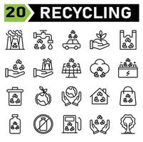 Ökologie und Recycling-Icon-Set umfassen Recycling, Abfall, Material, Schild, Schutz, Chemie, Wissenschaft, Batterie, Aufladung, Station, Elektrik, Ladegerät, Haus, Solar, Panel, Zuhause, Thermometer, Erwärmung vektor