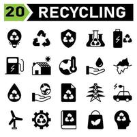 Ökologie und Recycling-Icon-Set umfassen Recycling, Abfall, Material, Schild, Schutz, Chemie, Wissenschaft, Batterie, Aufladung, Station, Elektrik, Ladegerät, Haus, Solar, Panel, Zuhause, Thermometer, Erwärmung vektor