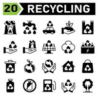 Das Ökologie- und Recycling-Icon-Set umfasst nuklear, radioaktiv, Strahlung, giftig, Strom, Wasserhahn, Wasser, Ökologie, Öko, Fahrzeug, Recycling, Auto, Transport, hatte, freundlich, Pflanze, Natur, Plastik, Tasche vektor