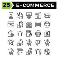 Das E-Commerce-Icon-Set umfasst Telefon, Smartphone, Online, Shop, Tasche, Versand, Paket, Auswahl, Klick, Cursor, Rabatt, Markt, Handel, Einkaufen, Web, Sperre, Passwort, Schutz, Online-Shop, Zahlung vektor