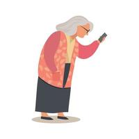 äldre kvinna ser på smartphone. äldre lady kommunicera på social nätverk. isolerat vektor illustration