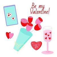 Valentinstag-Vektorset. Blumen, Glas mit Herzen, Telefon mit Herzen. alle Elemente sind isoliert vektor