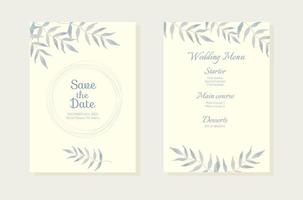 Hochzeitseinladungskartenhintergrund mit botanischen Blättern des hellblauen Aquarells. abstraktes kunsthintergrund-vektordesign für hochzeits- und vip-abdeckungsschablone. vektor