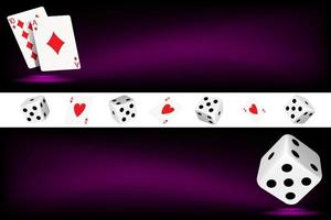 två vertikal banderoller med spelar kort, tärningar och pommes frites på en mörk lila bakgrund. de begrepp av spelande, uppkopplad kasino. vektor bild