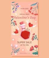 valentinstag vertikaler super verkauf banner vorlagendesign. Liebestrank Flasche zwei Herz mit Flügeln Dämon und Engel, Blumenrahmen auf beiger Rückseite. Online-Shopping mit Sonderpreiskonzept vektor