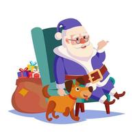 weihnachtsmann, der auf stuhlvektor sitzt. lustiger Hund. schwerer Sack voller Geschenkboxen Vektor. blauer weihnachtsanzug. 2018 Jahr des Hundes. isoliert auf weißer zeichentrickfigur illustration vektor
