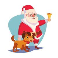 santa claus och Lycklig hund vektor. ringande guld klocka och leende. 2018 år av de hund begrepp. tecknad serie santa karaktär illustration vektor