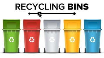 Recycling-Eimer für Müllvektor. Set aus roten, grünen, blauen, gelben, weißen Eimern. für Papier-, Glas-, Metall-, Kunststoffsortierung. isolierte Abbildung vektor