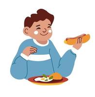 unge äter varmkorv och omelett på Hem eller skola vektor