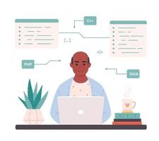 gammal svart man arbetssätt på dator på Hem. programmering, frilans, avlägsen arbetssätt. modern teknik och gammal människor vektor