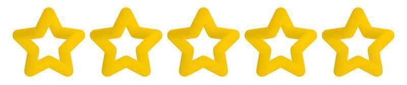 3D-Symbol mit fünf goldenen Sternen im Cartoon-Stil isoliert auf weißem Hintergrund. Sternbewertungssymbol. Kundenqualitätszeichen. Vektor-Produktbewertungsbewertung, modernes gelbes Sternformsymbol für Hotel, Restaurant