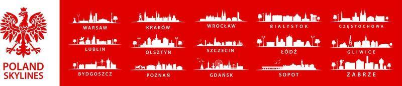 uppsättning av putsa skylines. samling av stor städer i Polen, östra Europa, szczecin, Krakow, wroclaw, lublin, olsztyn, Warszawa, bydgoszcz, Poznan, gdansk, bialystok, lodz vektor