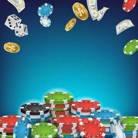 Online-Casino-Poster-Vektor. Poker-Glücksspiel-Casino-Zeichen. helle Chips, fliegende Dollarmünzen, Banknotenexplosion. Gewinner-Konzept. jackpot-plakatwand, marketing-luxusillustration. vektor