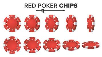 roter Pokerchips-Vektor. 3D realistischer Satz. Kunststoff Pokerchips Zeichen isoliert auf weißem Hintergrund. drehen Sie verschiedene Winkel. jackpot, erfolgsillustration. vektor