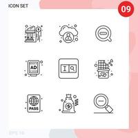 Aktienvektor-Icon-Pack mit 9 Zeilenzeichen und Symbolen für Schokoriegel-Biss-Suche weniger Form Billboard editierbare Vektordesign-Elemente vektor