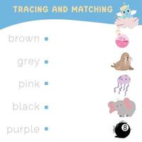 Verfolgen und passende Wörter mit Bildern. Übung für Kinder, um Farben zu erkennen. pädagogisches arbeitsblatt für die vorschule. Vektordatei. vektor